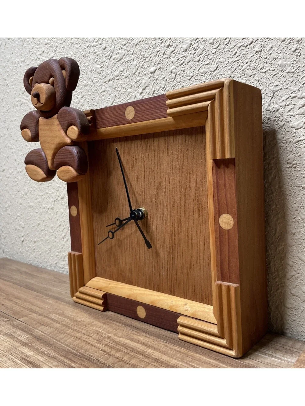 Vintage Handmade Wooden Teddy Bear Clock Working